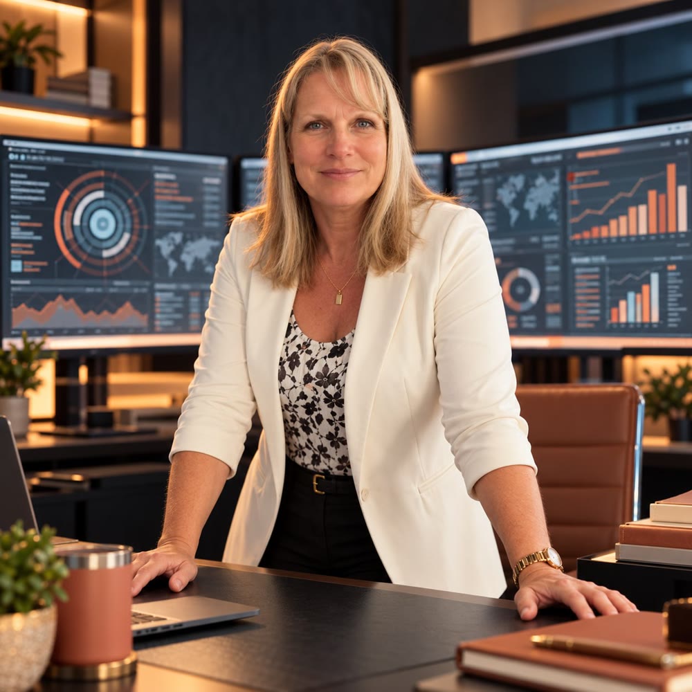 AI-generated portrait of Carla in a white blazer, standing at a desk in front of computer screens